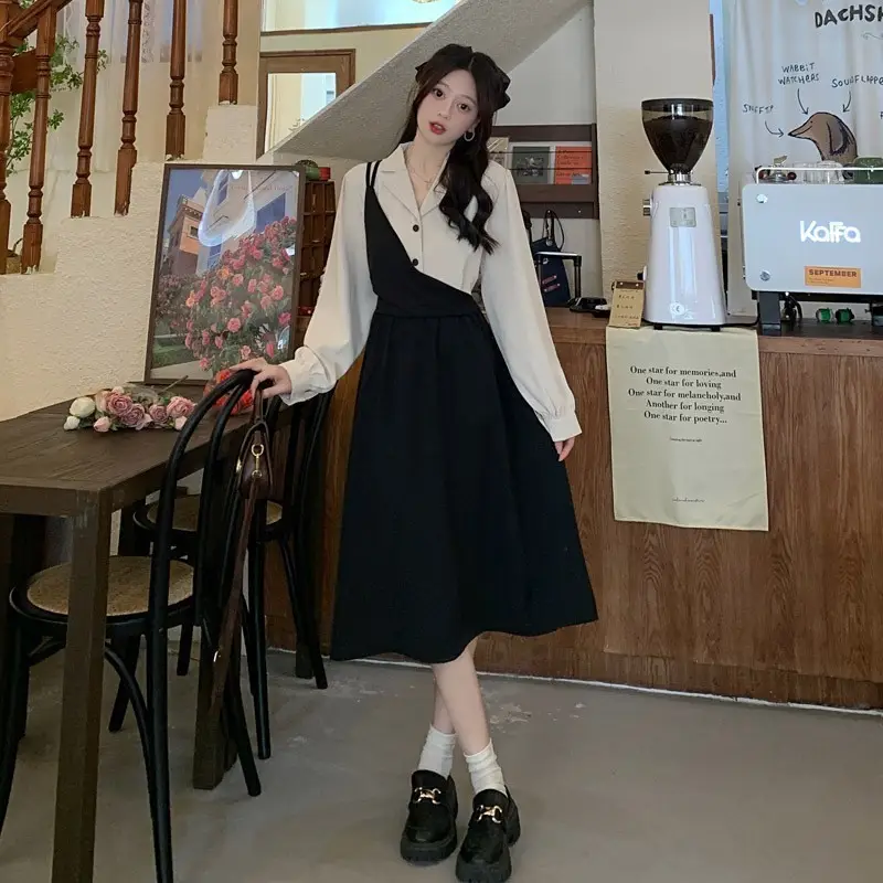 Red French Style Skirt Dress Mid Length Long Sleeve