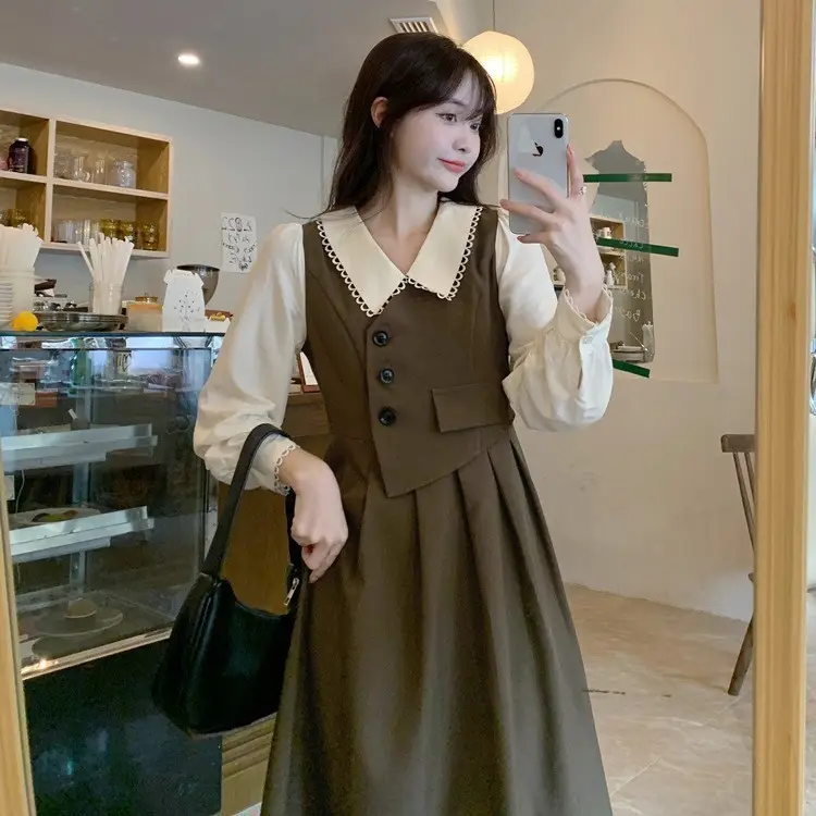 Red French Style Skirt Dress Mid Length Long Sleeve