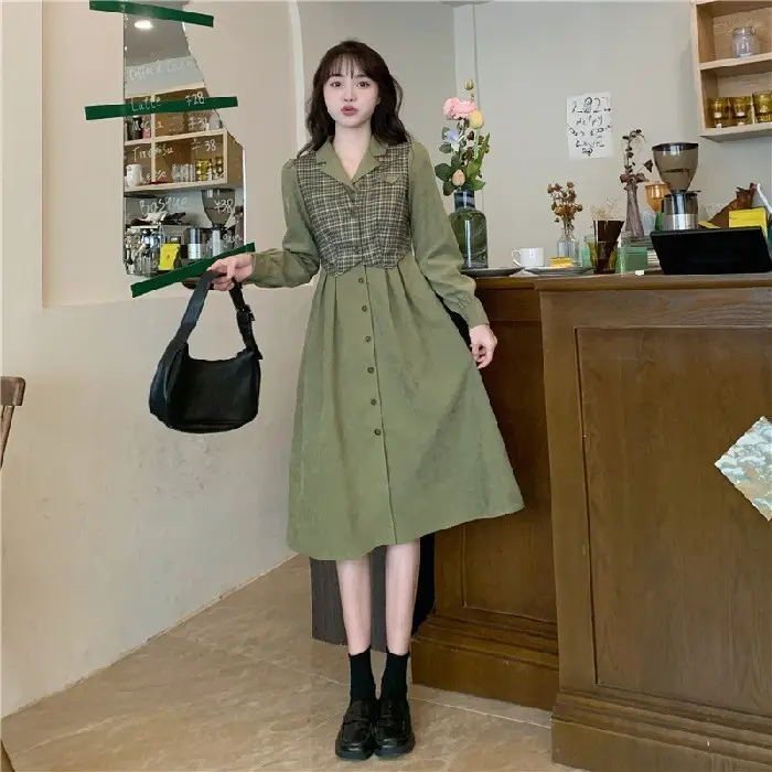 Red French Style Skirt Dress Mid Length Long Sleeve