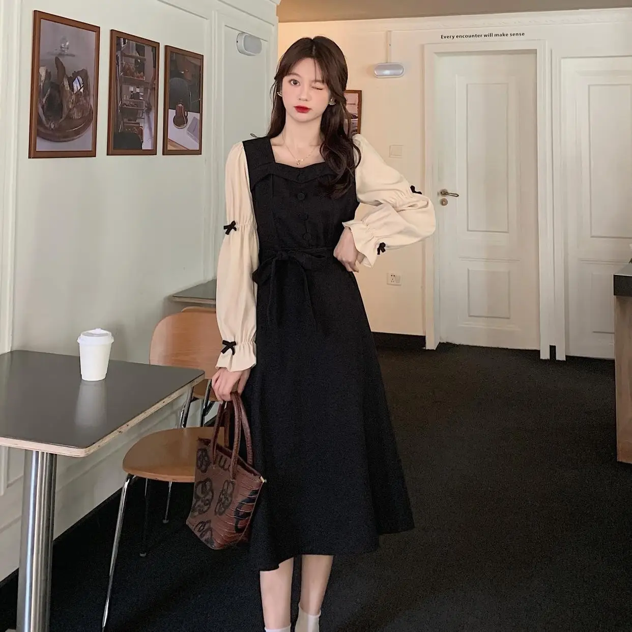 Red French Style Skirt Dress Mid Length Long Sleeve
