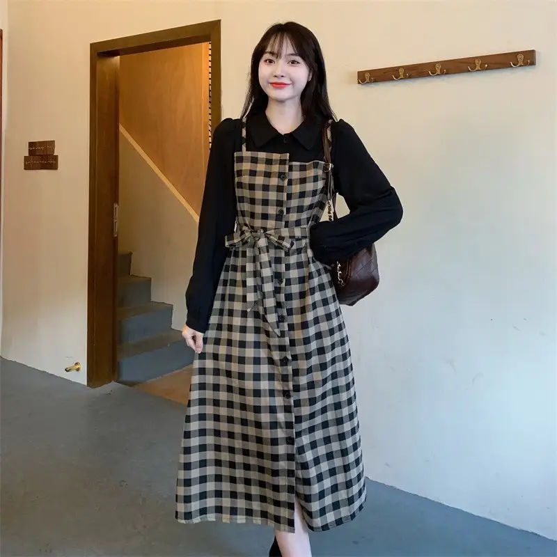 Red French Style Skirt Dress Mid Length Long Sleeve