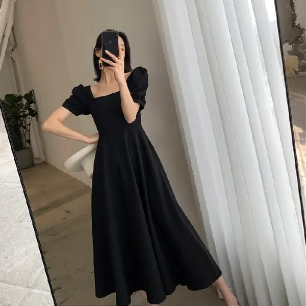 Red French Style Skirt Dress Mid Length Long Sleeve