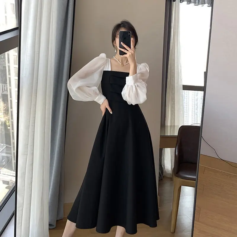 Red French Style Skirt Dress Mid Length Long Sleeve