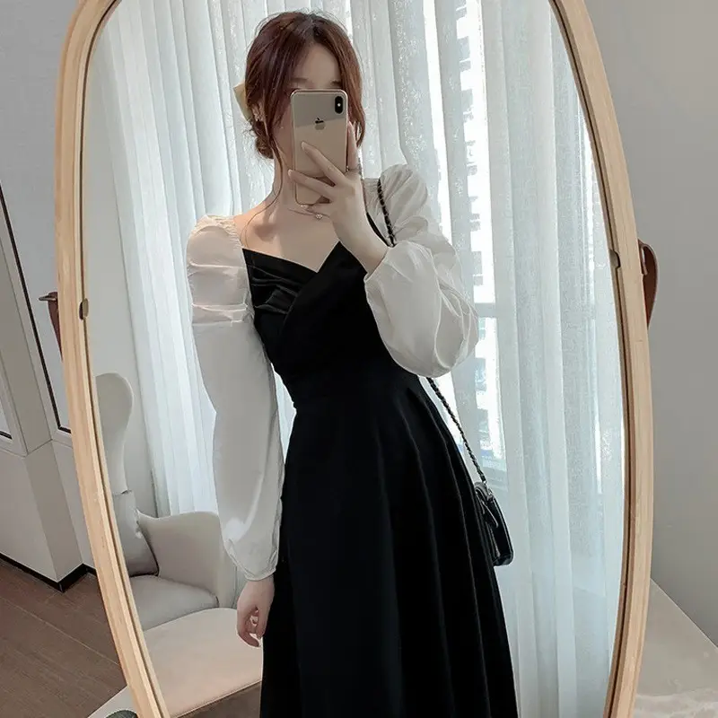Red French Style Skirt Dress Mid Length Long Sleeve