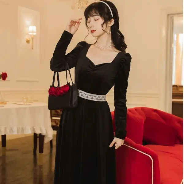 Red French Style Skirt Dress Mid Length Long Sleeve