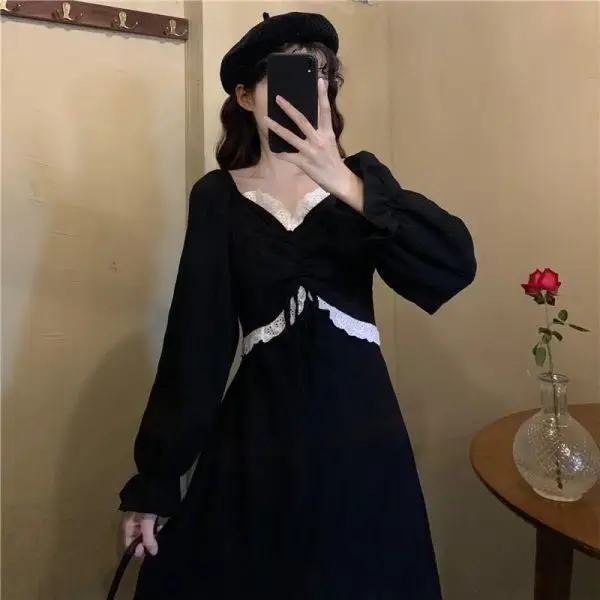 Red French Style Skirt Dress Mid Length Long Sleeve