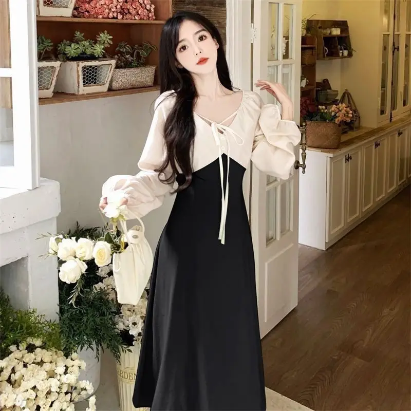 Red French Style Skirt Dress Mid Length Long Sleeve