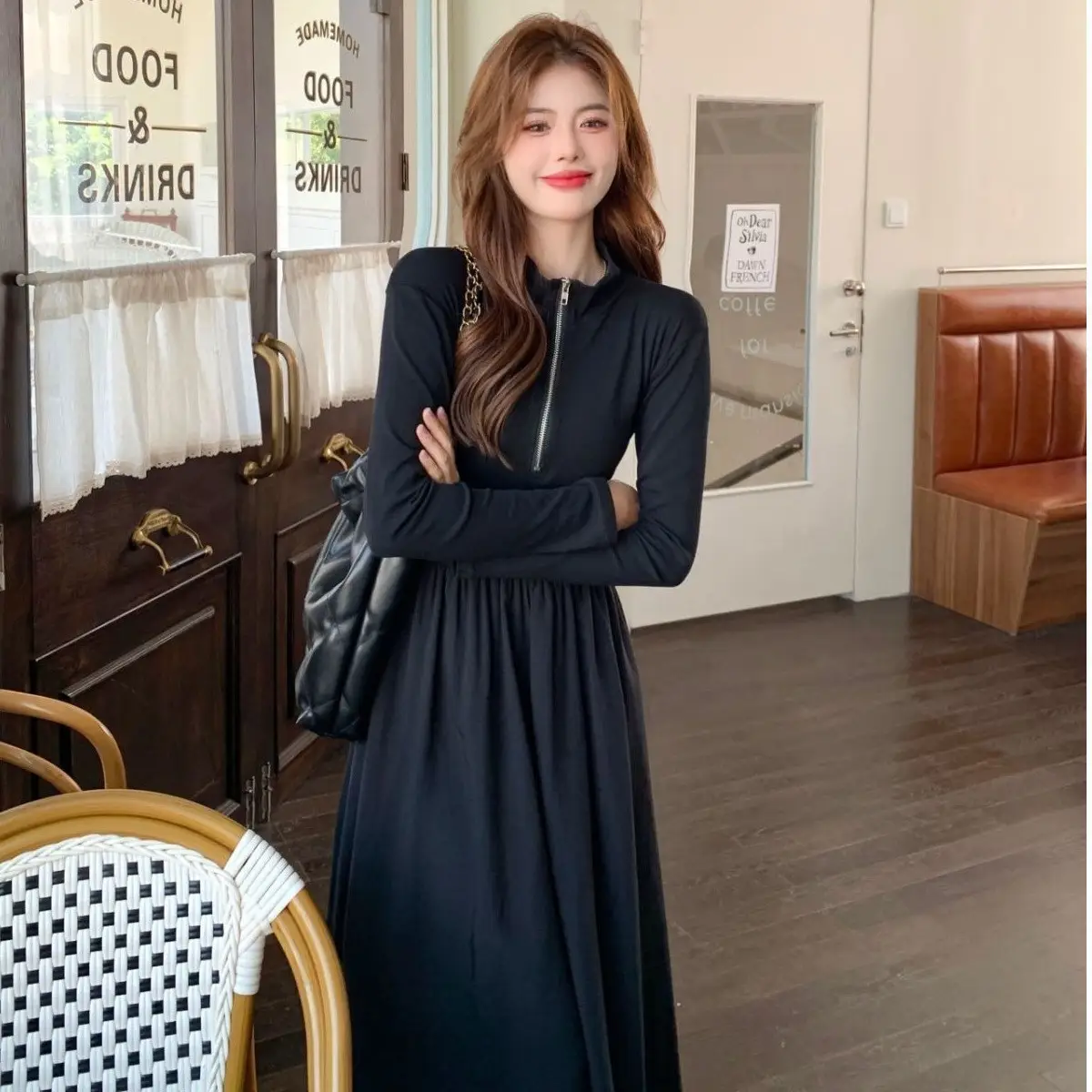 Red French Style Skirt Dress Mid Length Long Sleeve