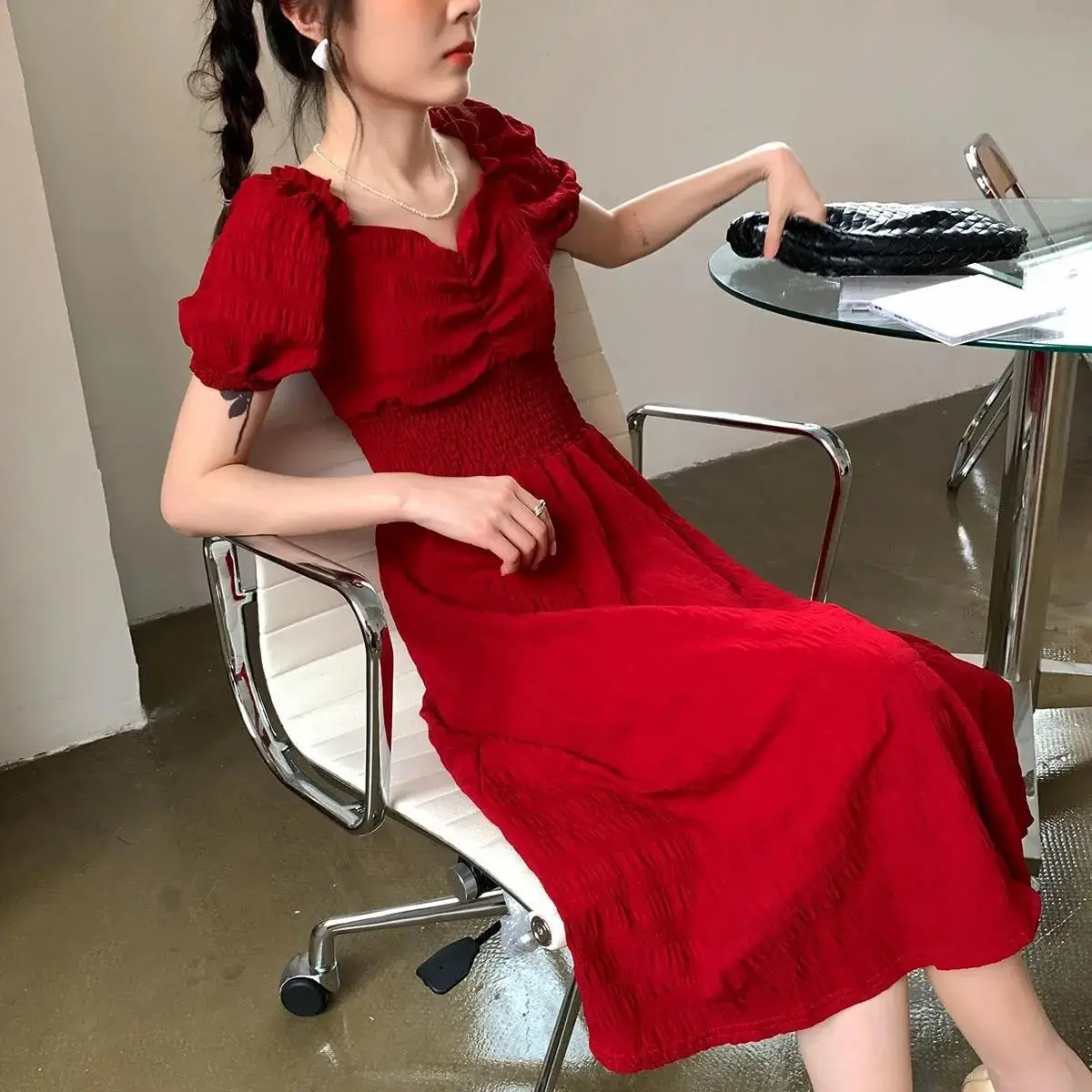 Red French Style Skirt Dress Mid Length Long Sleeve
