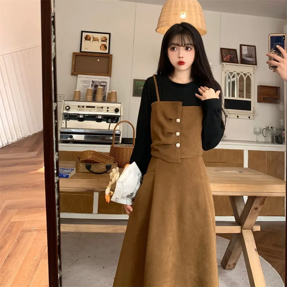 Red French Style Skirt Dress Mid Length Long Sleeve