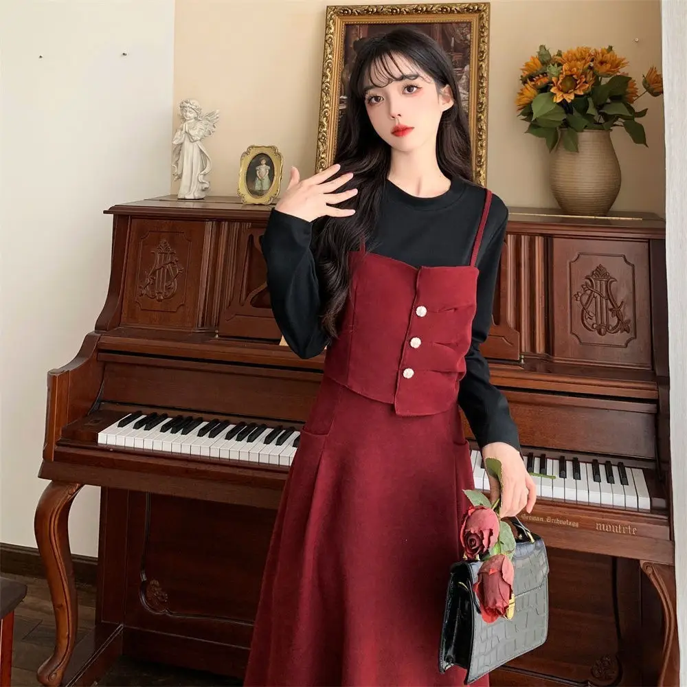 Red French Style Skirt Dress Mid Length Long Sleeve