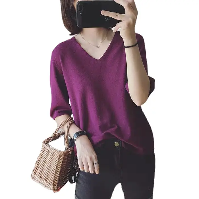 Women Korean Style V-Neck Sweater Set Blue Black