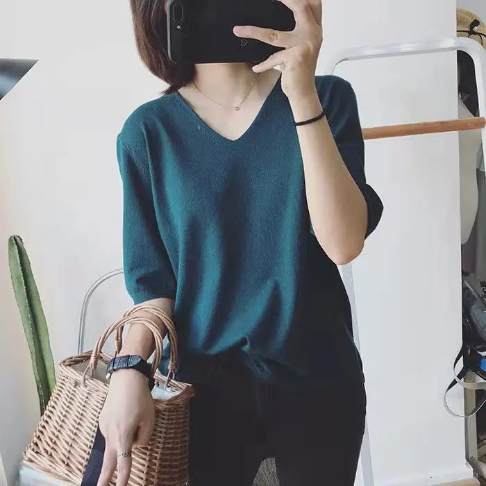 Women Korean Style V-Neck Sweater Set Blue Black