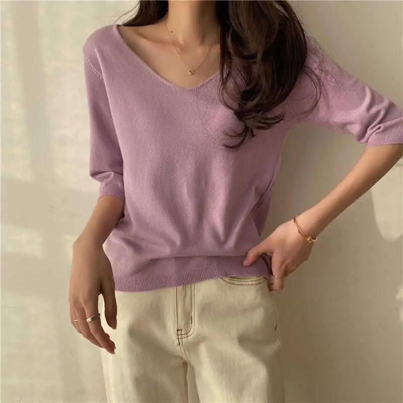 Women Korean Style V-Neck Sweater Set Blue Black