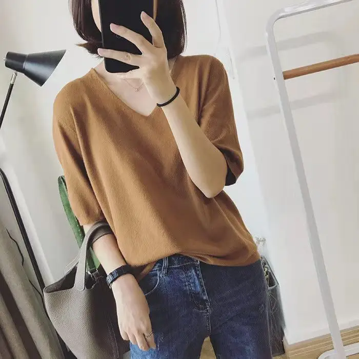 Women Korean Style V-Neck Sweater Set Blue Black
