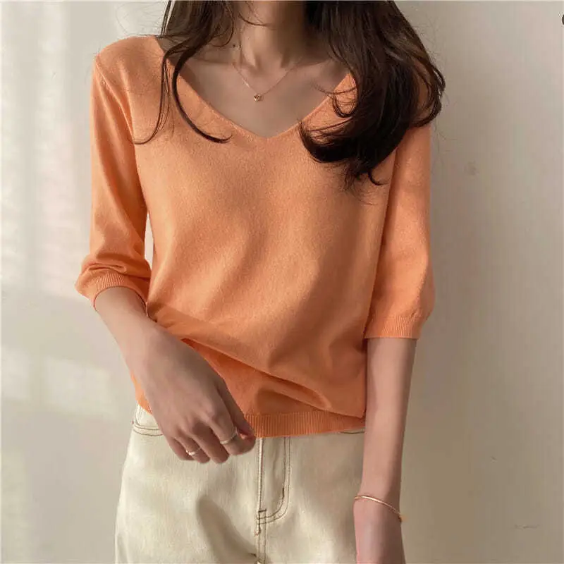 Women Korean Style V-Neck Sweater Set Blue Black