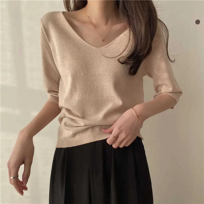 Women Korean Style V-Neck Sweater Set Blue Black