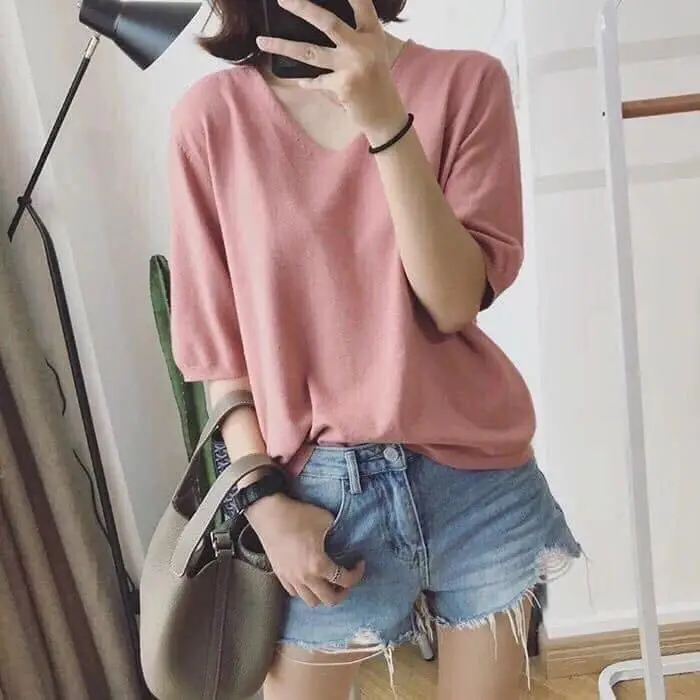 Women Korean Style V-Neck Sweater Set Blue Black
