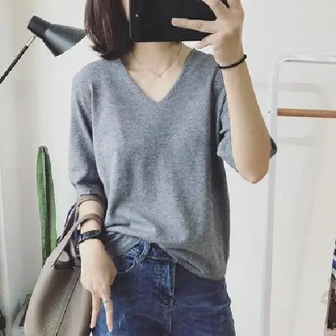 Women Korean Style V-Neck Sweater Set Blue Black