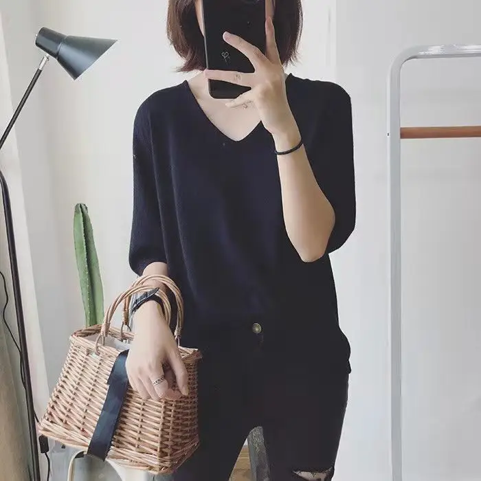 Women Korean Style V-Neck Sweater Set Blue Black