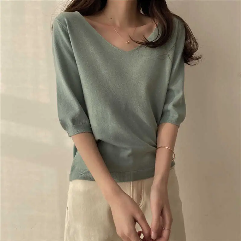Women Korean Style V-Neck Sweater Set Blue Black