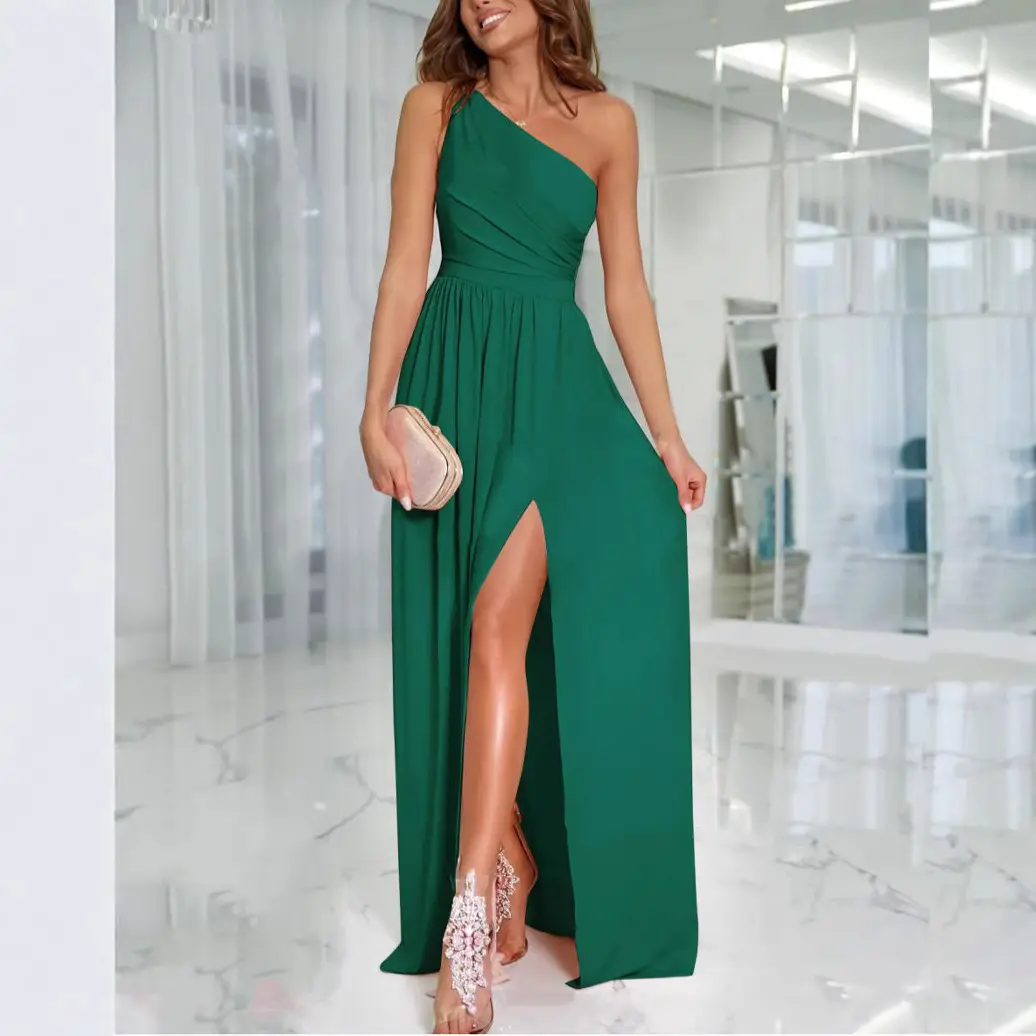 Black Slanted Shoulder Long Skirt Dress for Women - Image 8