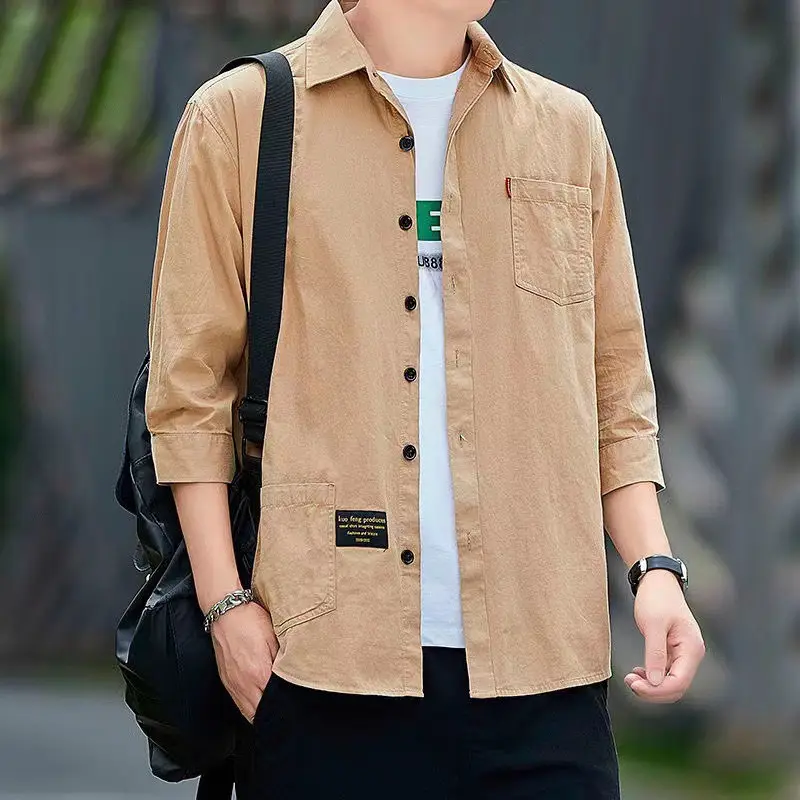 Men's Pure Cotton 3/4 Sleeve Shirt Tan Slim Fit