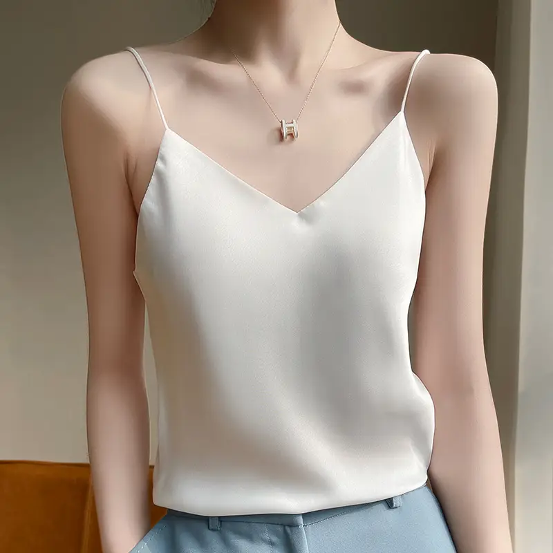 White V-Neck Silk Camisole Women's Vest - Image 5