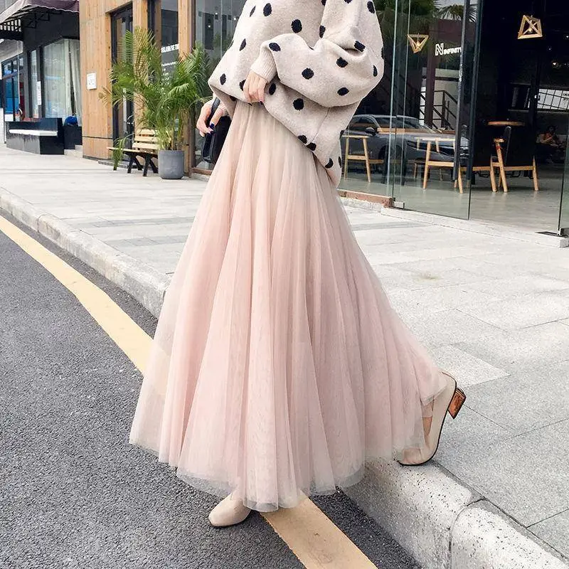 Pink 3-Layer Gauze Skirt for Women Mid Length