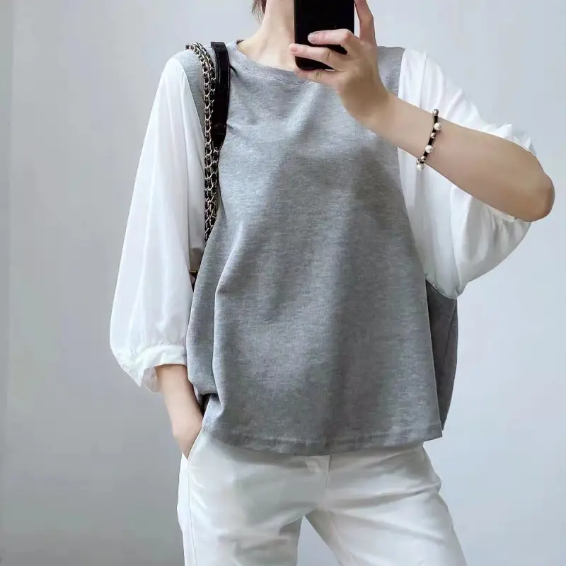 Women's Black Long Sleeve Top with White Long Sleeve - Image 2