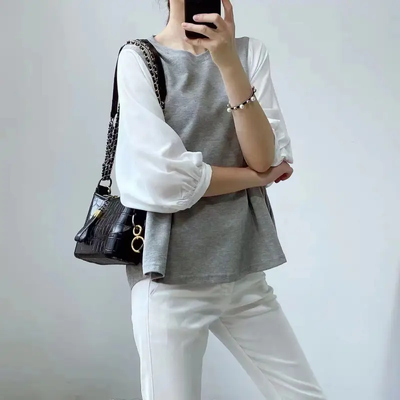 Women's Black Long Sleeve Top with White Long Sleeve - Image 8