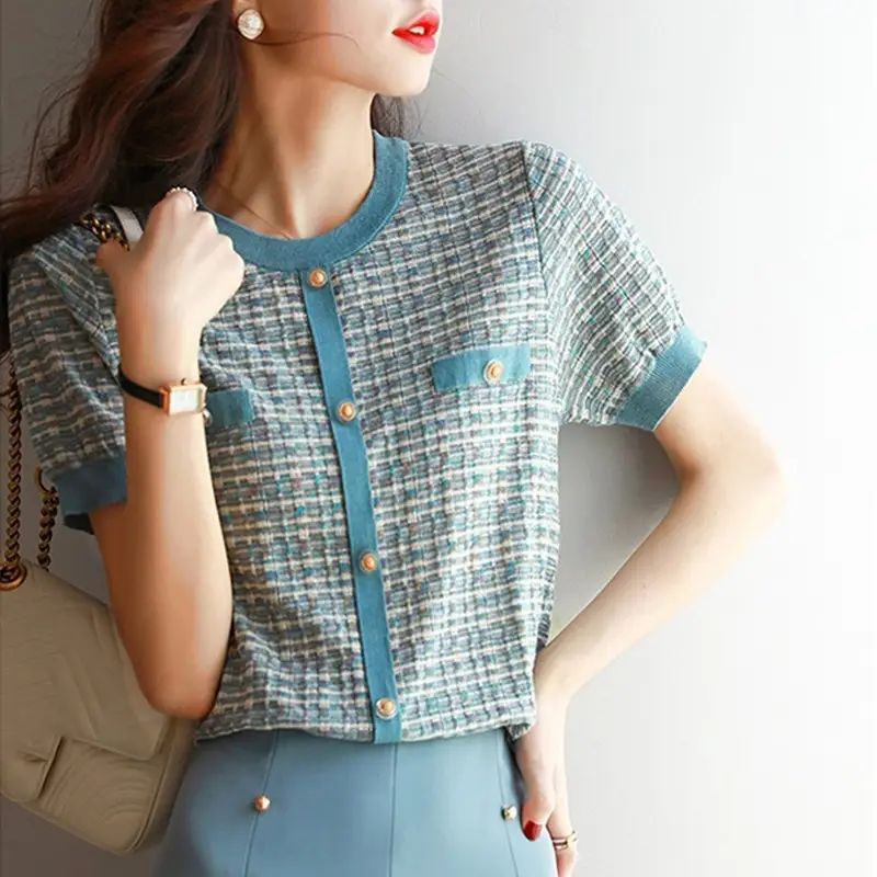 Women's Ice Silk Knitted Short Sleeve Top Blue - Image 2