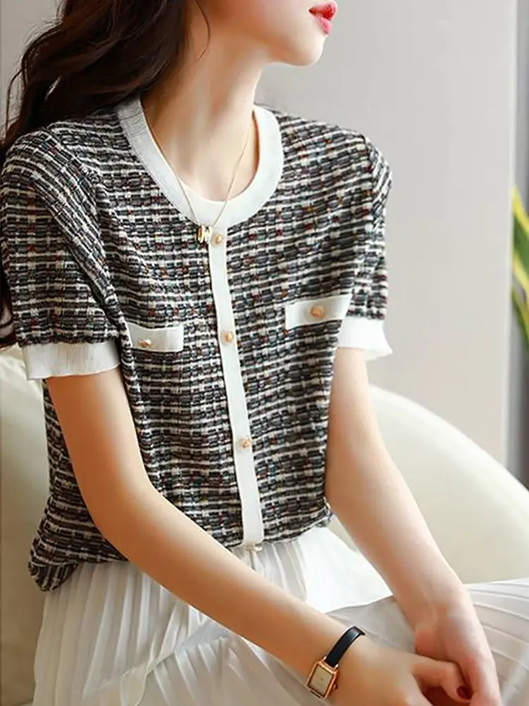 Women's Ice Silk Knitted Short Sleeve Top Blue - Image 4