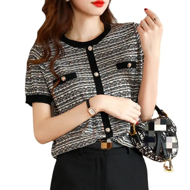 Women's Ice Silk Knitted Short Sleeve Top Blue - Image 5