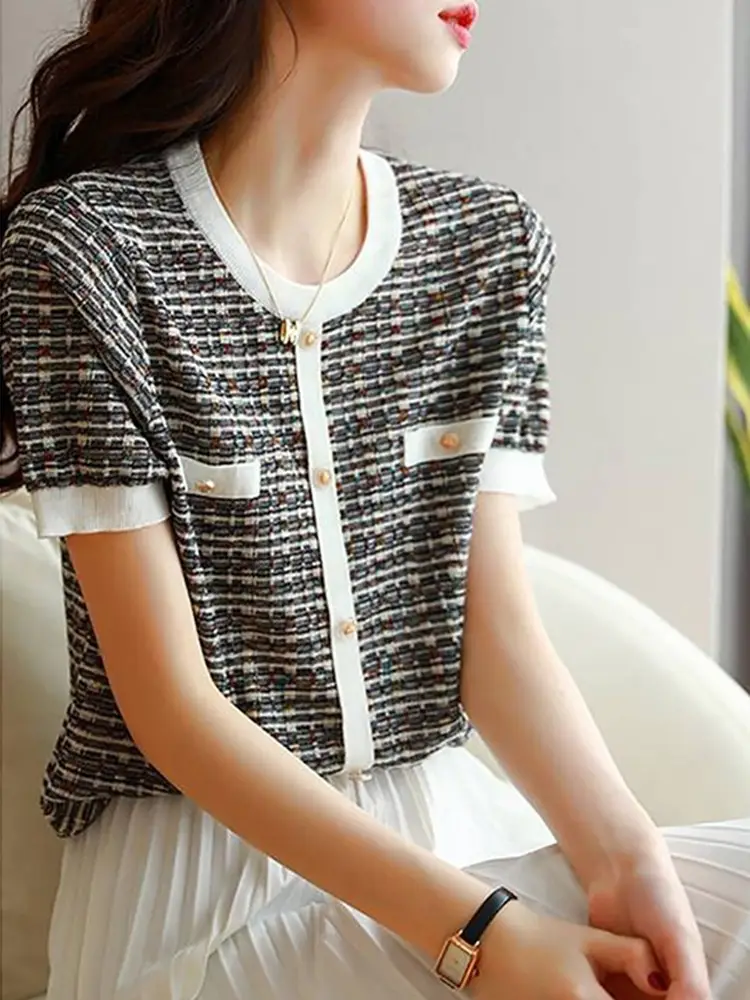 Women's Ice Silk Knitted Short Sleeve Top Blue — feature 1