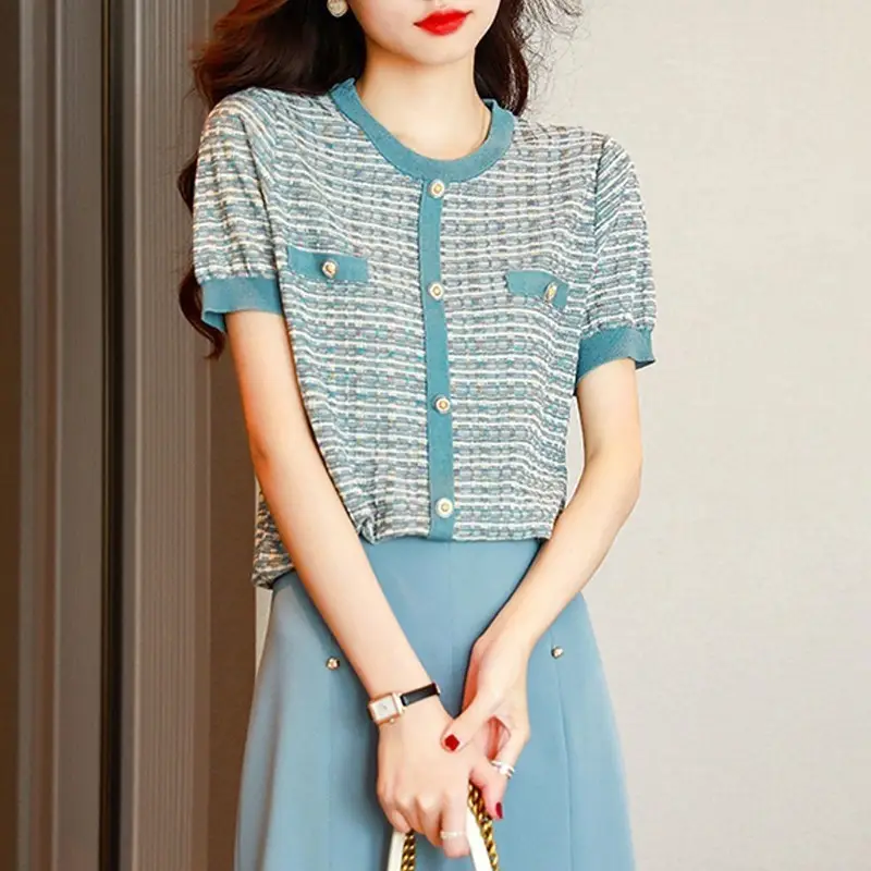 Women's Ice Silk Knitted Short Sleeve Top Blue — feature 3
