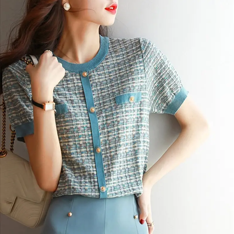 Women's Ice Silk Knitted Short Sleeve Top Blue — feature 6