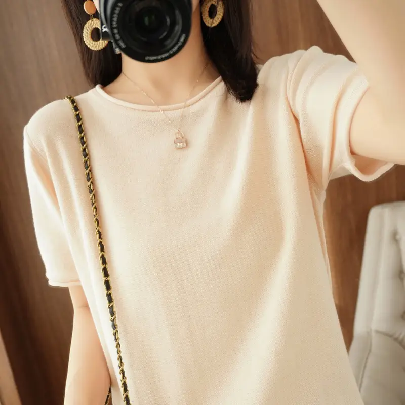 Women Cotton T-Shirt Brown Loose Fit Short Sleeve - Image 9