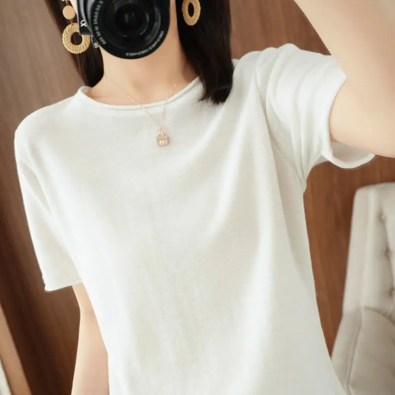 Women Cotton T-Shirt Brown Loose Fit Short Sleeve - Image 12