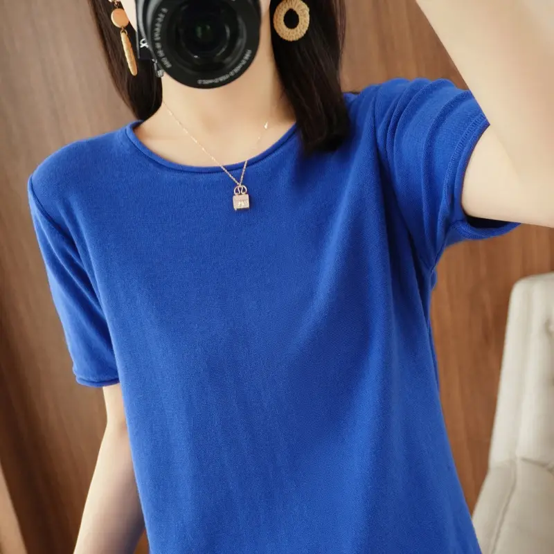 Women Cotton T-Shirt Brown Loose Fit Short Sleeve - Image 13