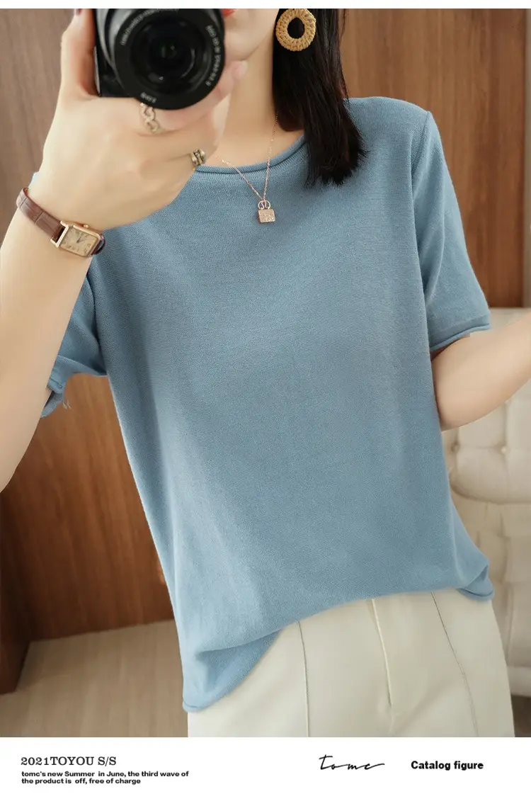 Women Cotton T-Shirt Brown Loose Fit Short Sleeve — feature 10