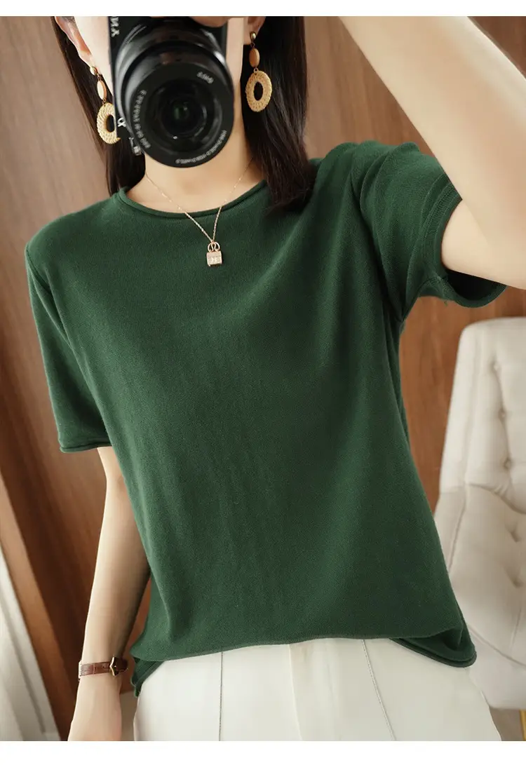 Women Cotton T-Shirt Brown Loose Fit Short Sleeve — feature 11