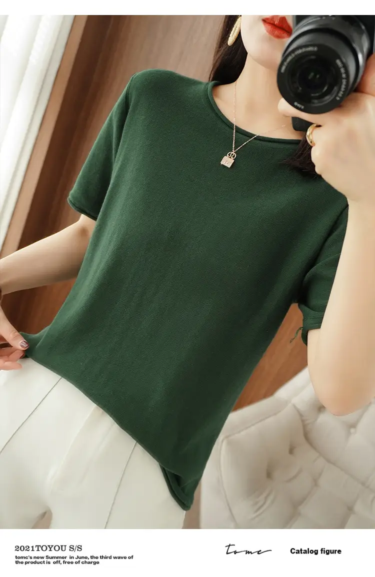 Women Cotton T-Shirt Brown Loose Fit Short Sleeve — feature 12