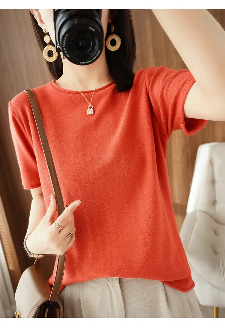 Women Cotton T-Shirt Brown Loose Fit Short Sleeve — feature 13