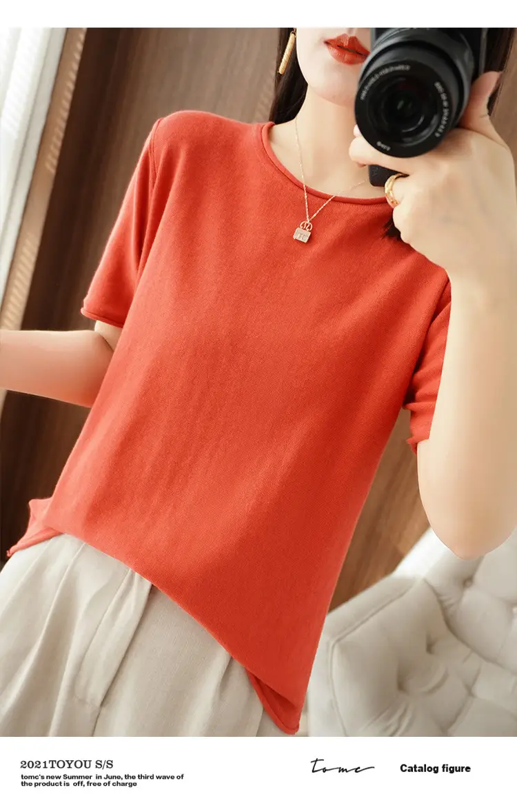Women Cotton T-Shirt Brown Loose Fit Short Sleeve — feature 14