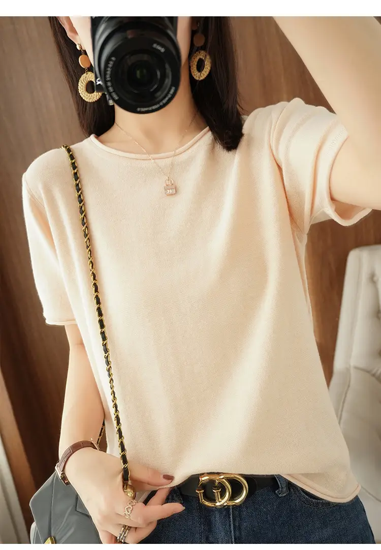 Women Cotton T-Shirt Brown Loose Fit Short Sleeve — feature 17