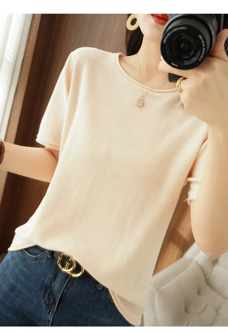 Women Cotton T-Shirt Brown Loose Fit Short Sleeve — feature 18