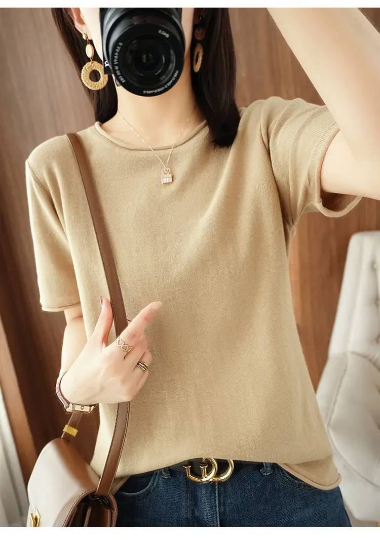 Women Cotton T-Shirt Brown Loose Fit Short Sleeve — feature 19