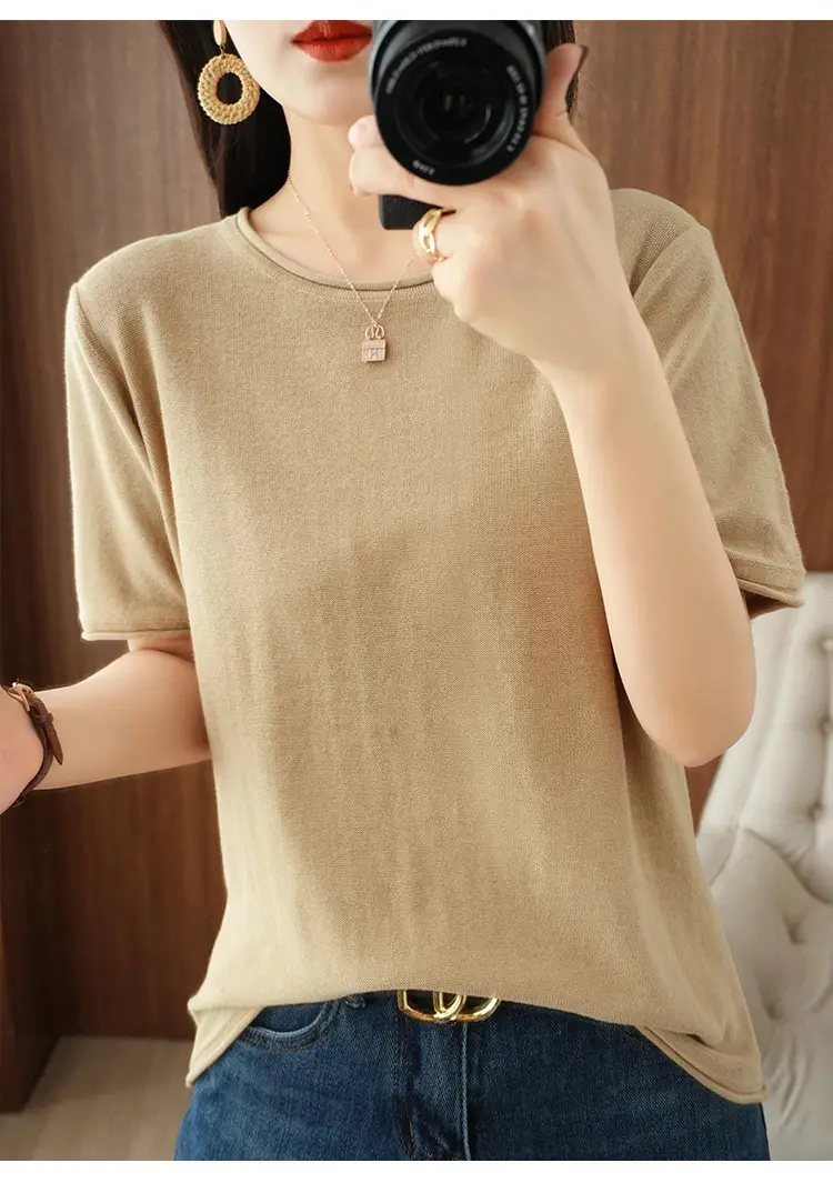 Women Cotton T-Shirt Brown Loose Fit Short Sleeve — feature 20