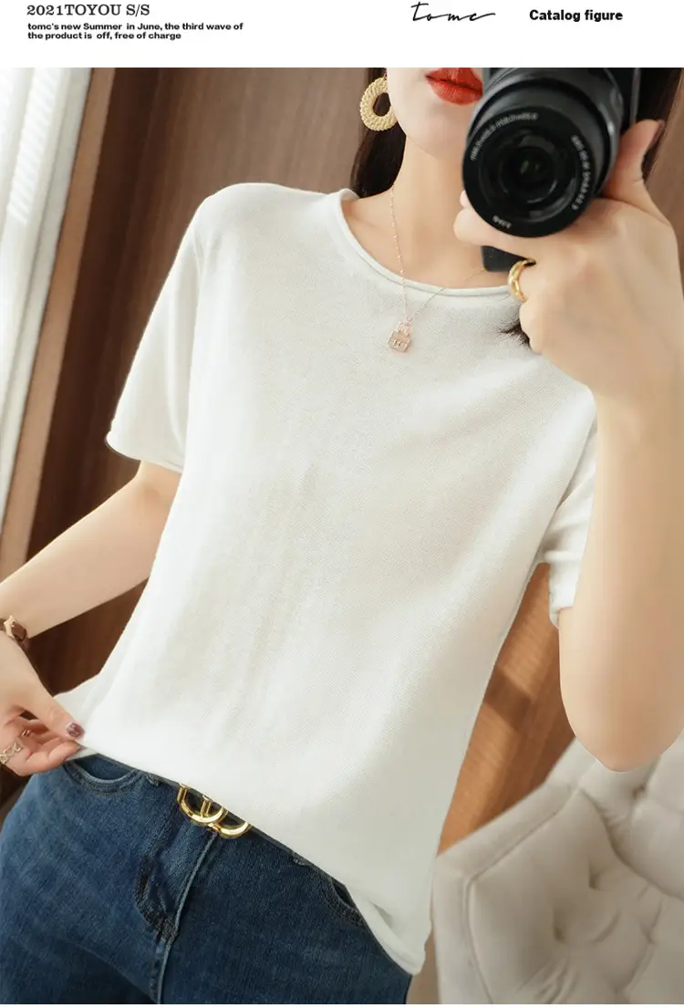 Women Cotton T-Shirt Brown Loose Fit Short Sleeve — feature 21
